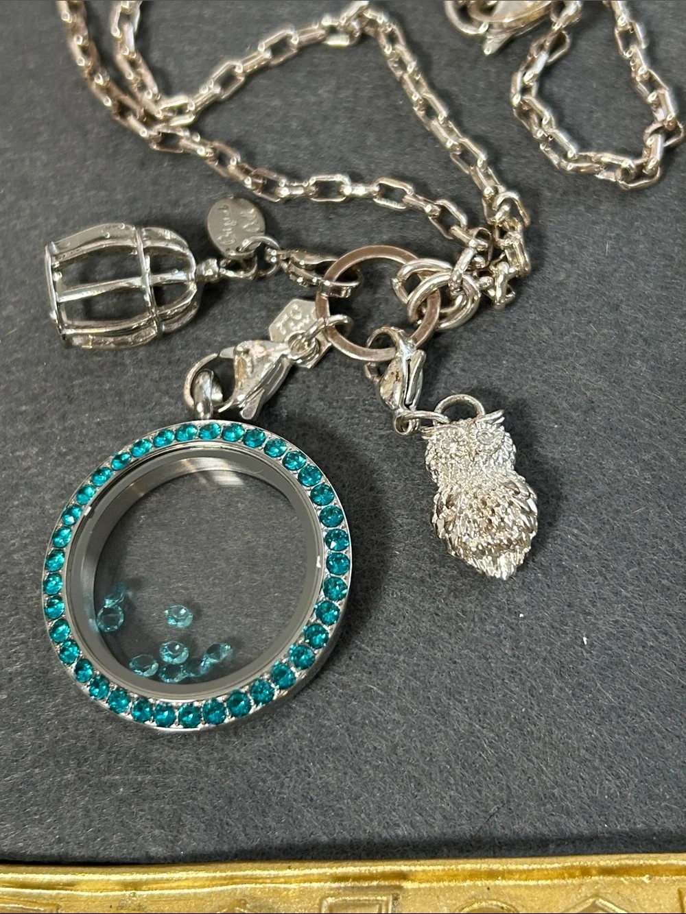 Bundle of Origami Owl Silver Necklace w/Teal Crystal Locket, Crystals & pendants